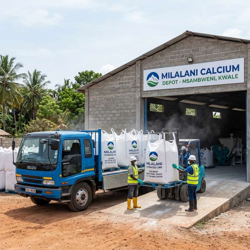 Blue truck loading Milalani Calcium hydrated lime at Msambweni depot for water treatment