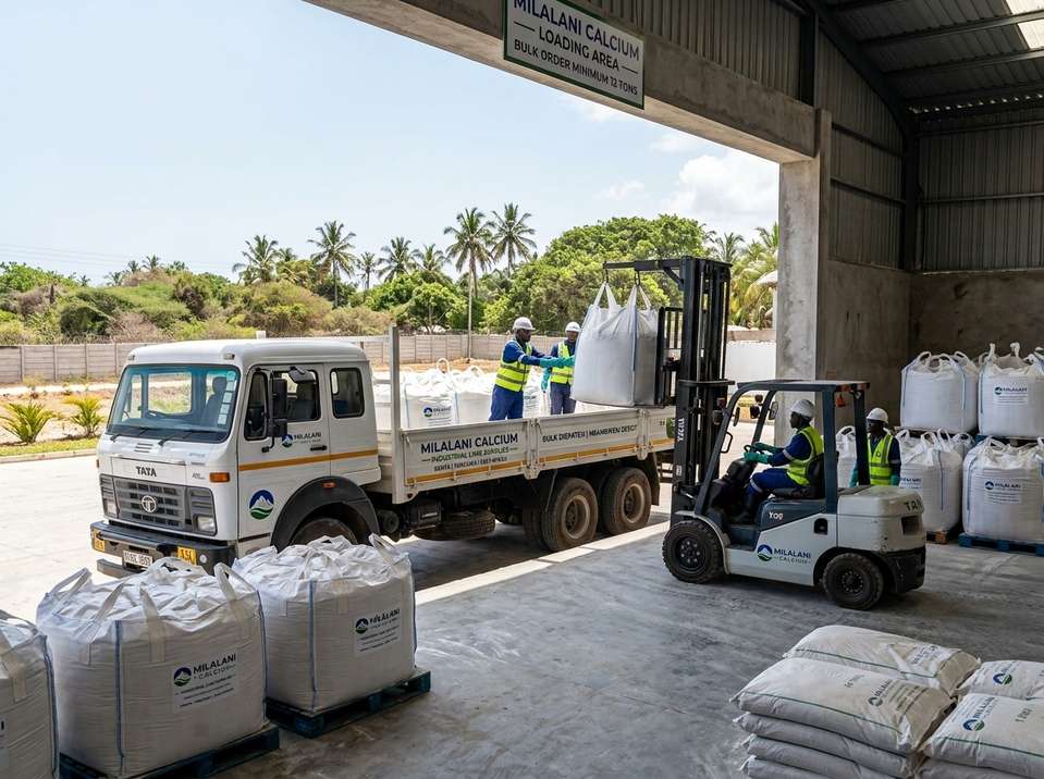 Forklift loading bulk bags of Milalani Calcium lime products at warehouse for construction use
