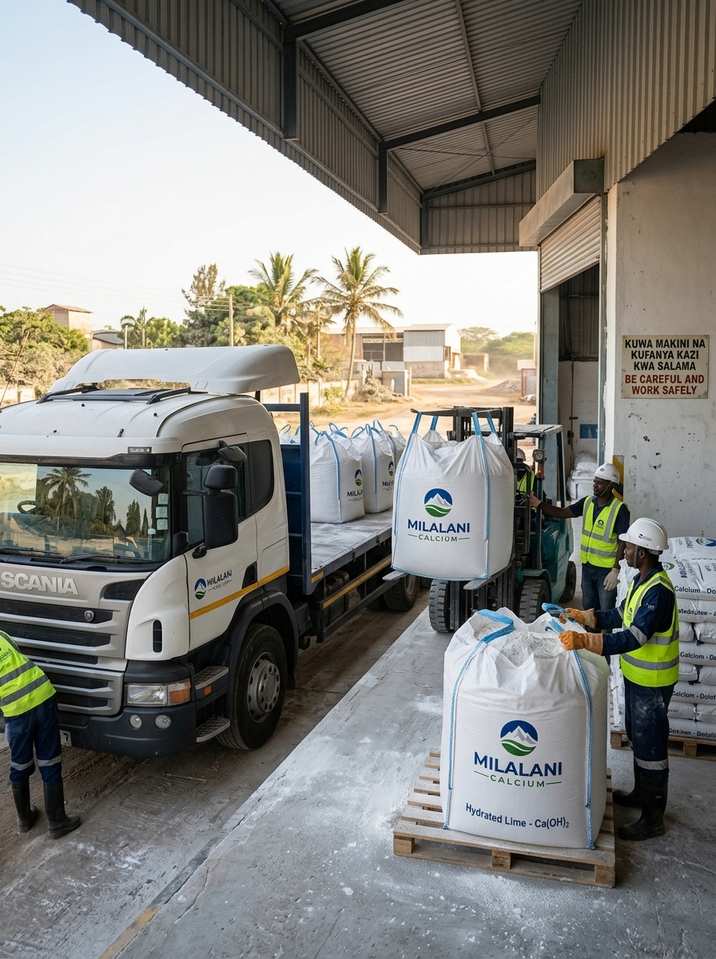 Milalani Calcium Hydrated Lime forklift loading bags at warehouse