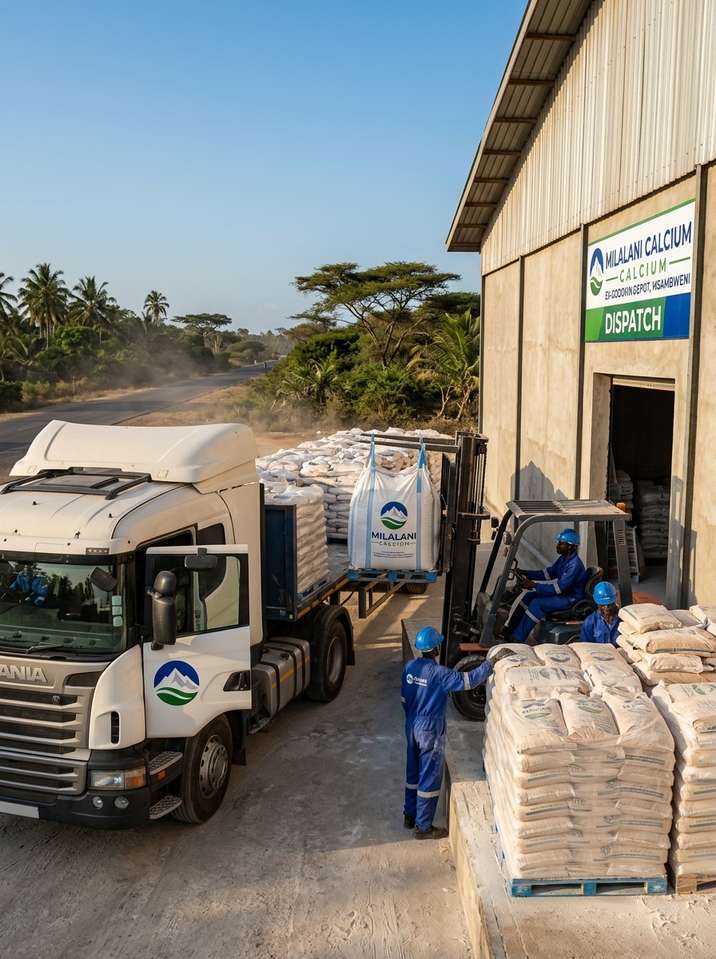 Milalani Calcium lime products loaded at dispatch depot for soil conditioning and agriculture applications