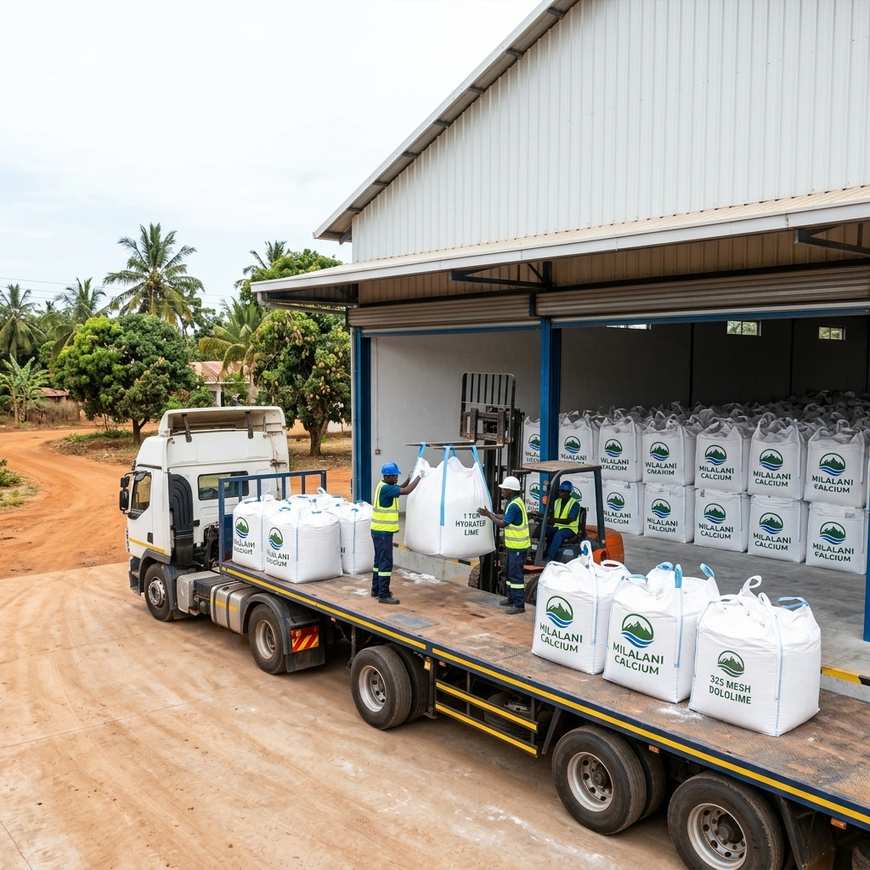 Milalani Calcium Dololime truck loading dolomite mesh bags at depot