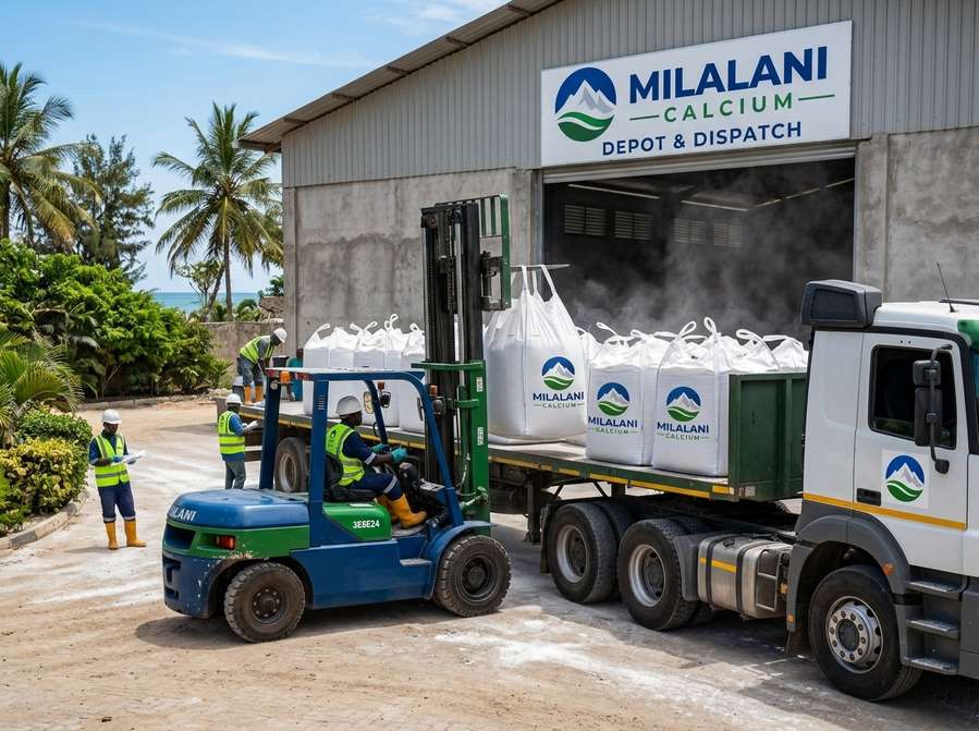 Milalani Calcium truck loading near coastal depot in Msambweni for ex-godown supply