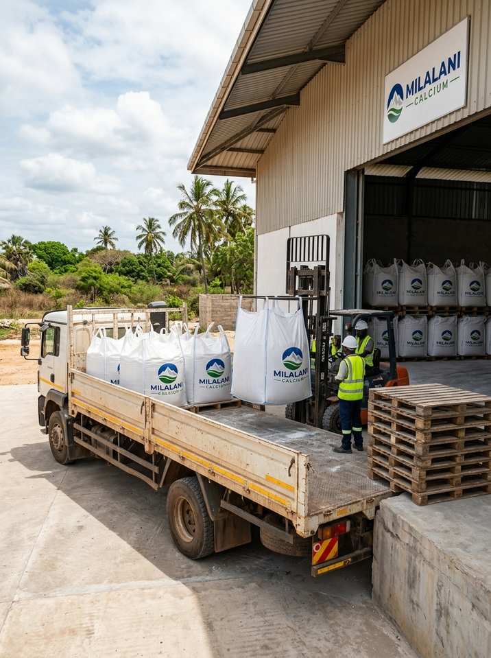 Truck rear view loaded with Milalani Calcium bulk bags for industrial processing