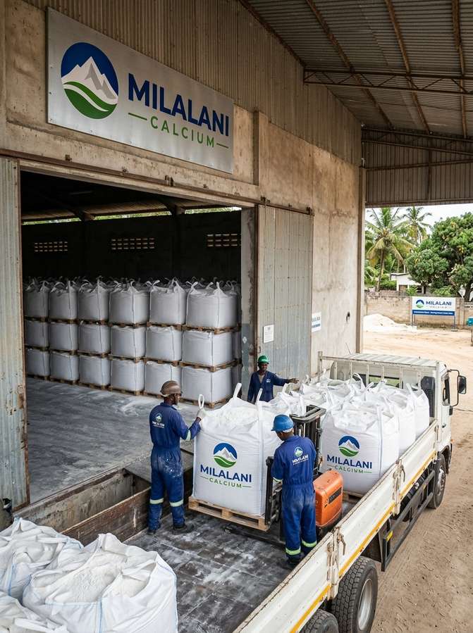 Workers loading Milalani Calcium lime bags inside warehouse for paints and coatings manufacturing