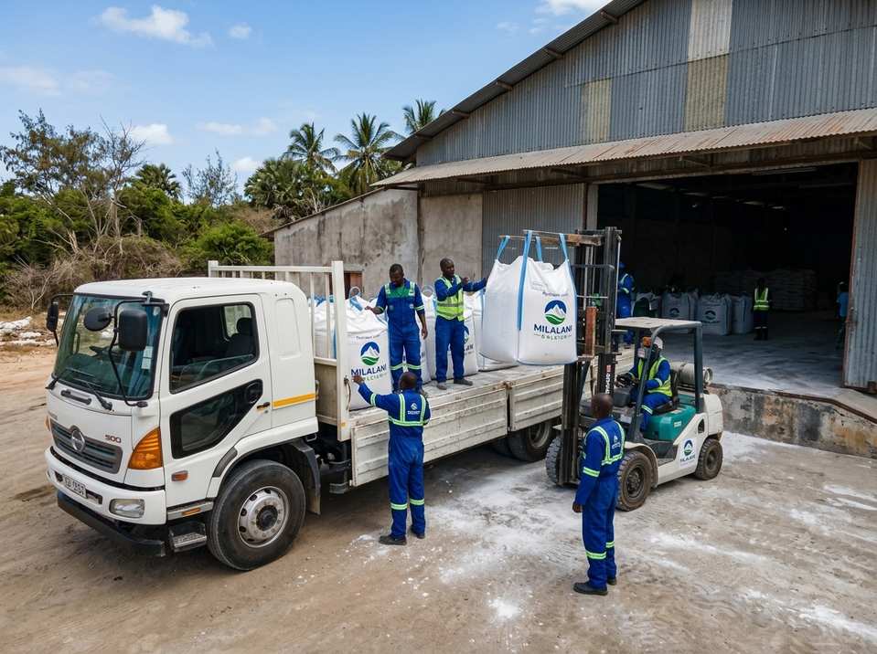 Workers loading Milalani Calcium lime bags onto flatbed truck for construction and plaster mortar applications