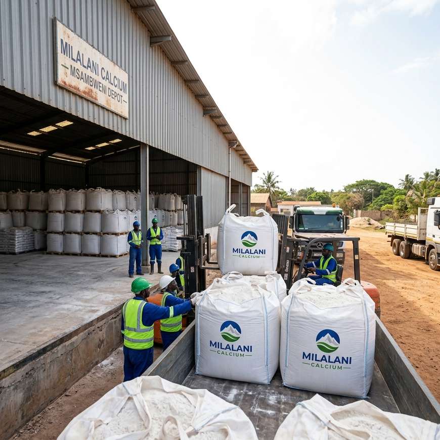 Workers loading trucks outside Milalani Calcium warehouse depot in Msambweni, Kwale County